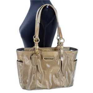 COACH East West Gold Patent Leather Tote Shoulder Bag, Top Zip, Side Pockets